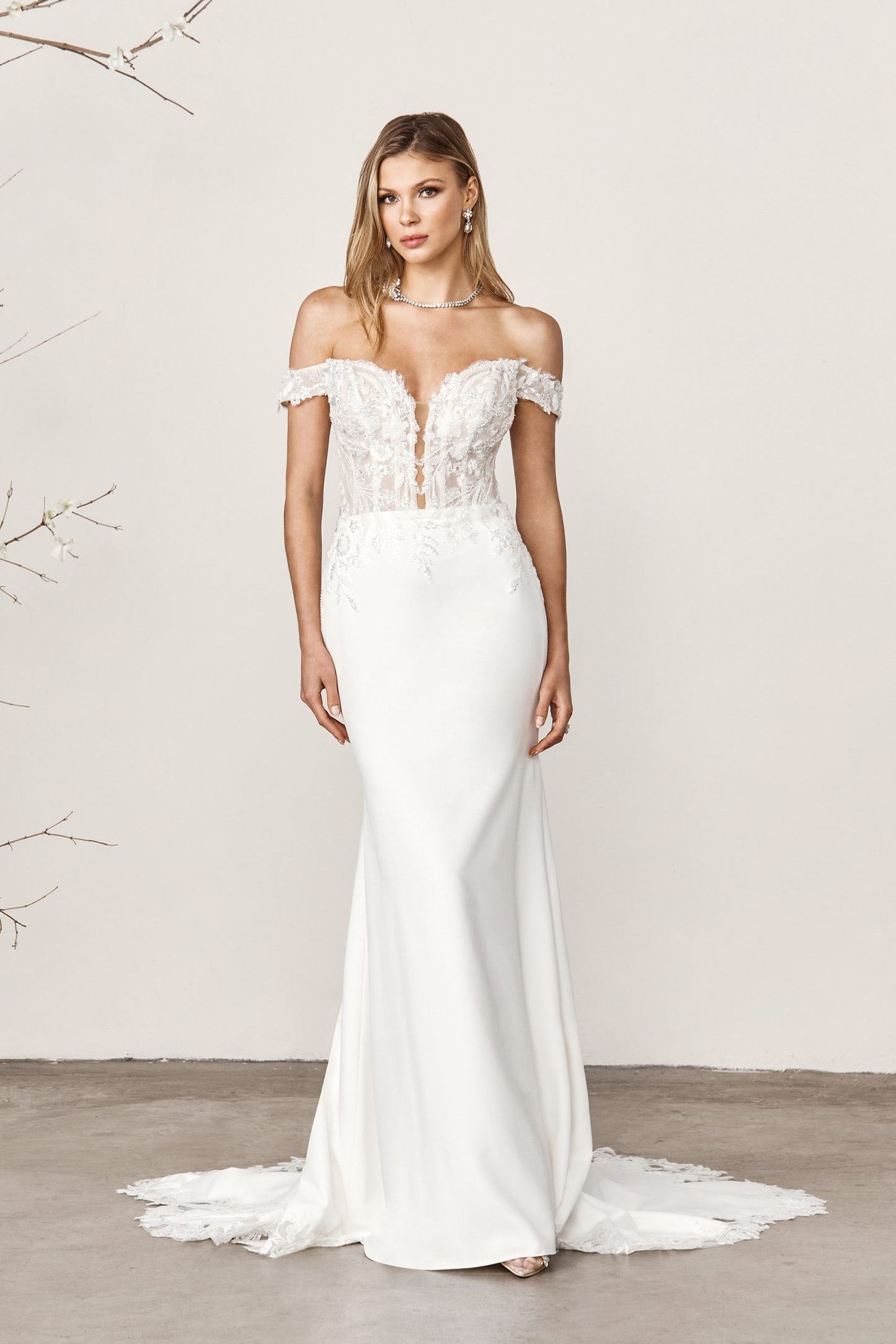 Plunging Off-the-Shoulder Neckline Fit and Flare Bridal Gown - Vintage Rose Bridal