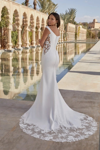 Crepe Fit and Flare with Scoop Neckline and Side Cutouts - Vintage Rose Bridal