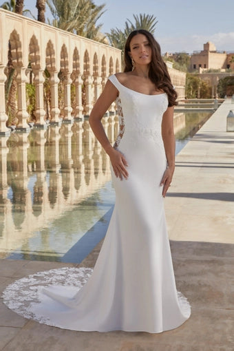 Crepe Fit and Flare with Scoop Neckline and Side Cutouts - Vintage Rose Bridal