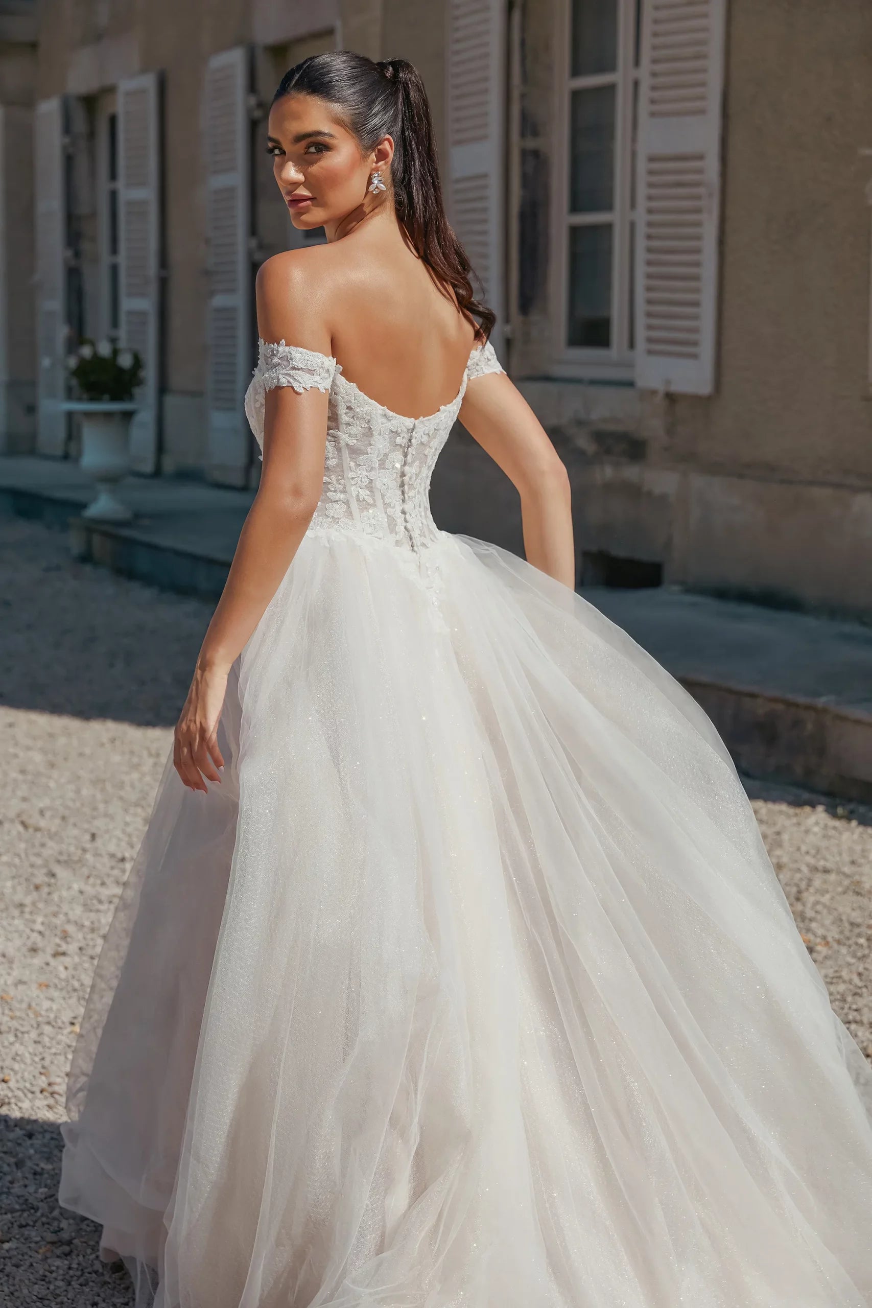 Basque Waist Ball Gown with Scooped Off-The-Shoulder Neckline - Wedding Dresses Northern Ireland