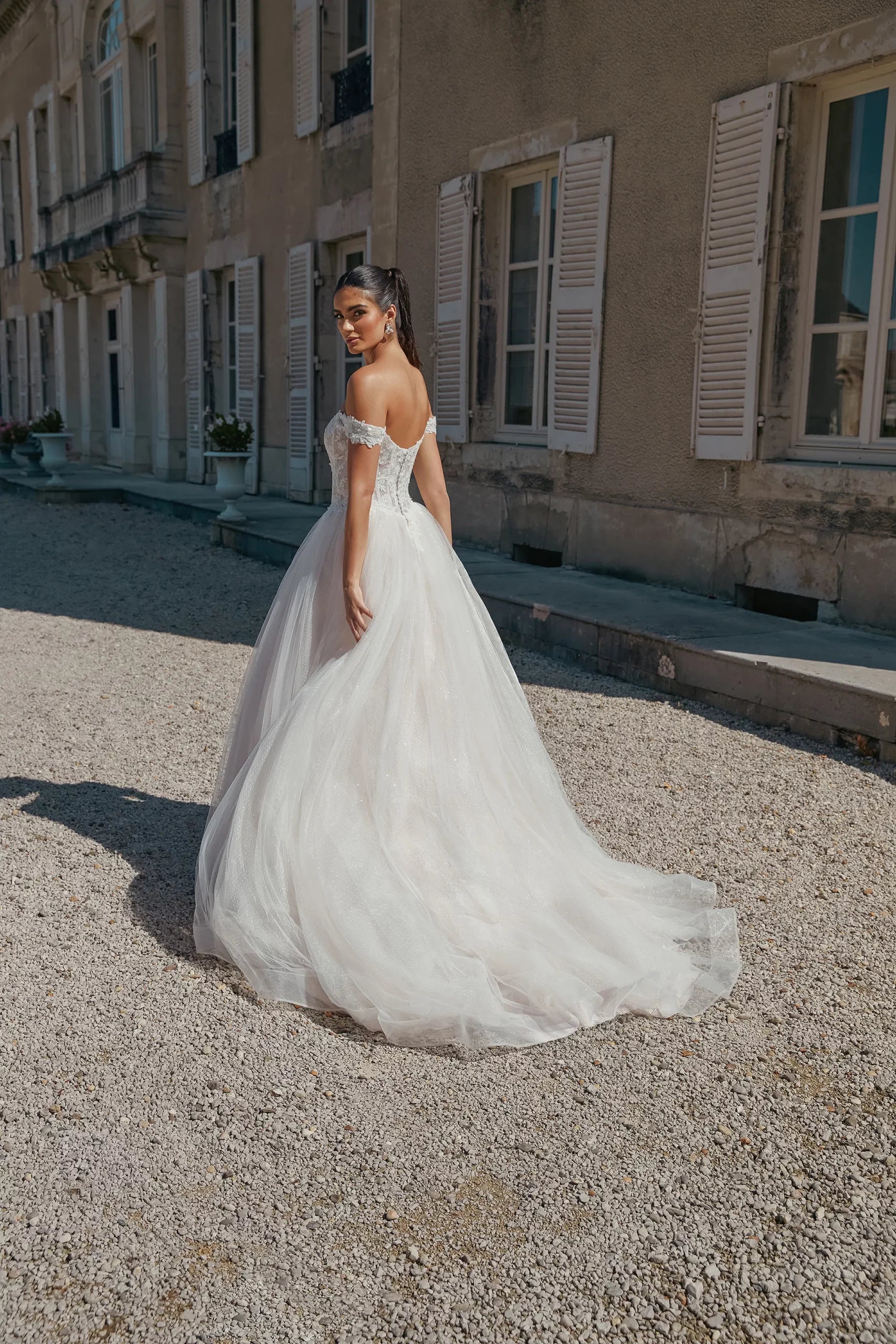 Basque Waist Ball Gown with Scooped Off-The-Shoulder Neckline - Wedding Dresses Northern Ireland
