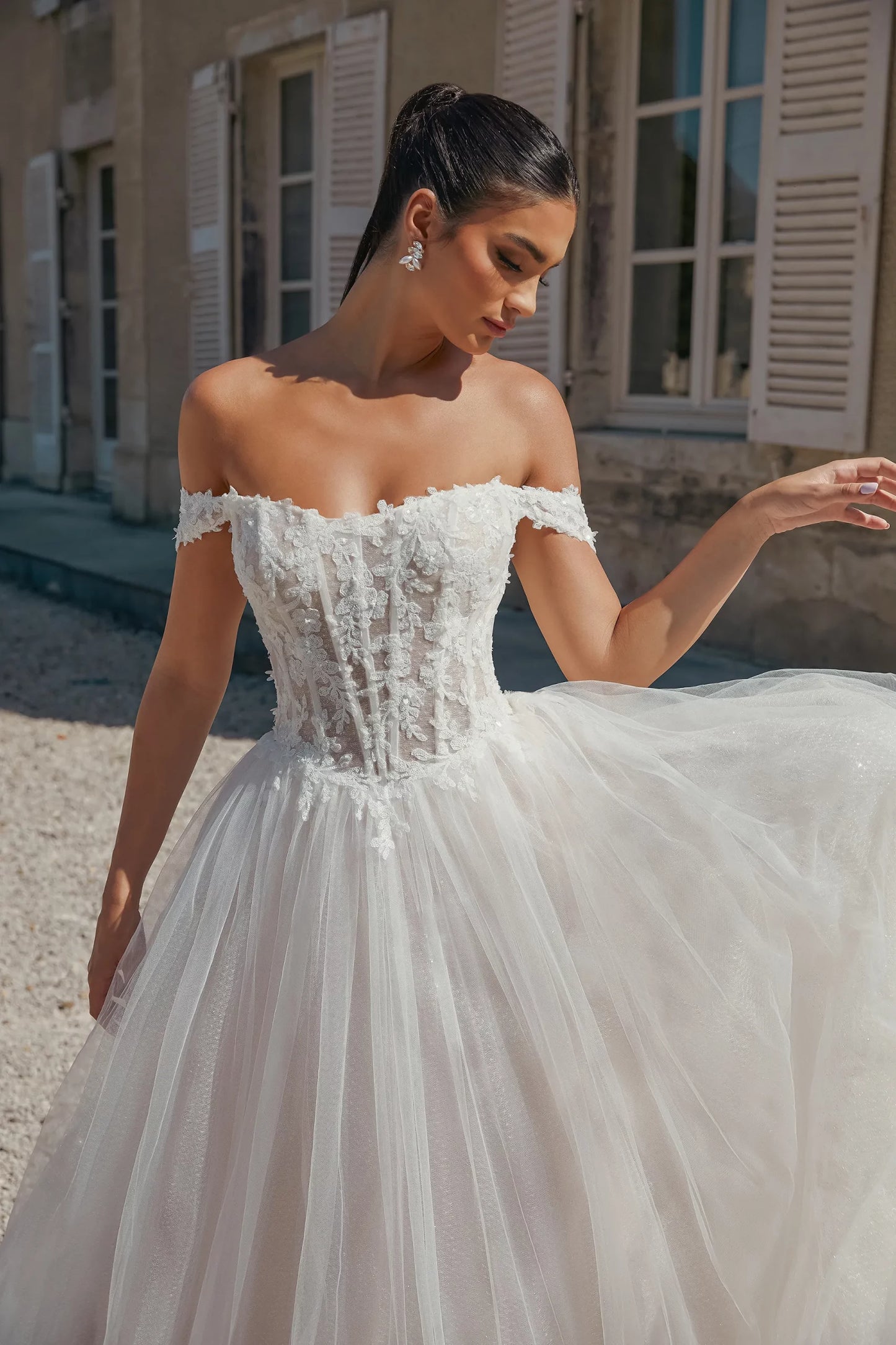 Basque Waist Ball Gown with Scooped Off-The-Shoulder Neckline - Wedding Dresses Northern Ireland