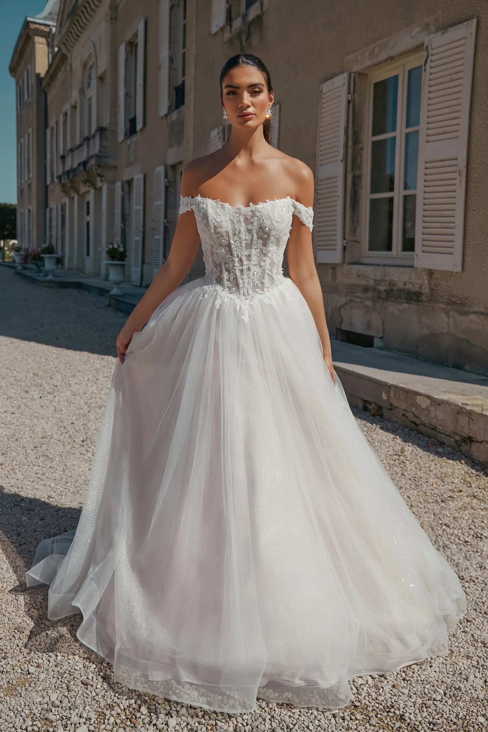 Basque Waist Ball Gown with Scooped Off-The-Shoulder Neckline