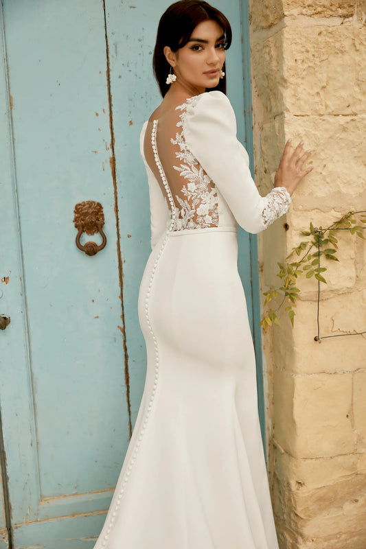 Crepe Fit and Flare Gown with Plunging V-Neckline and Puff Shoulders - Wedding Dresses Northern Ireland
