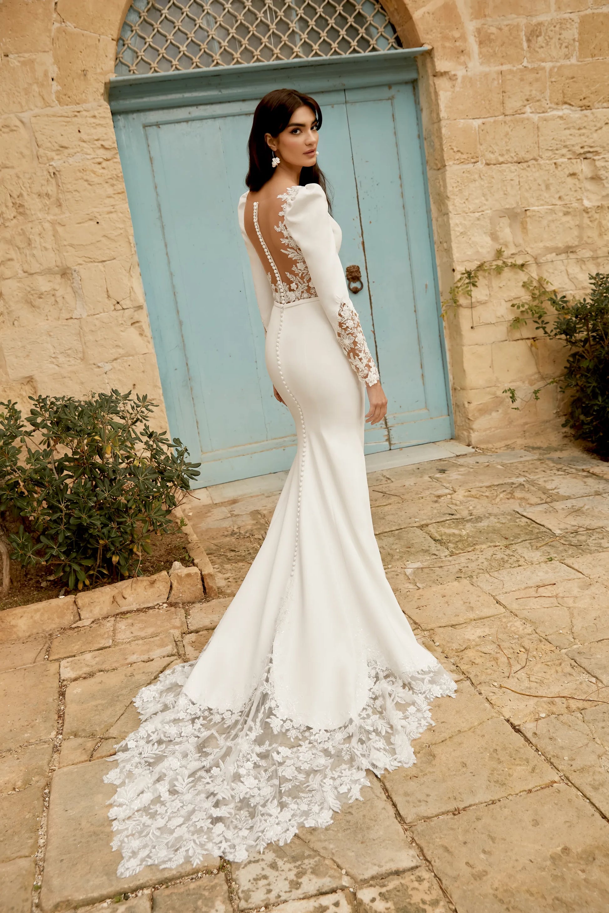 Crepe Fit and Flare Gown with Plunging V-Neckline and Puff Shoulders - Wedding Dresses Northern Ireland