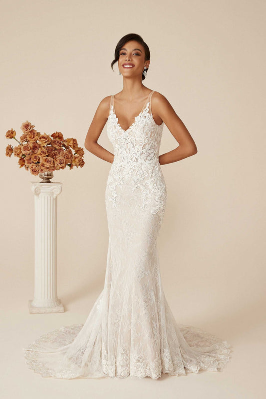 Allover Lace Deep V-Neck Fit and Flare Gown 88124 - Size 14 was £1999 Now £650 - Vintage Rose Bridal