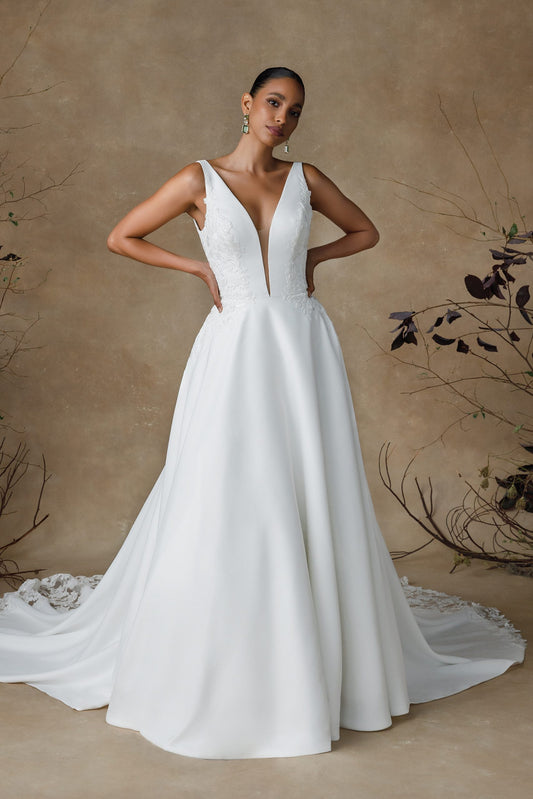 Gibson | Soft Satin Wedding Dress with Plunging V-Neckline and V-Back - Vintage Rose Bridal