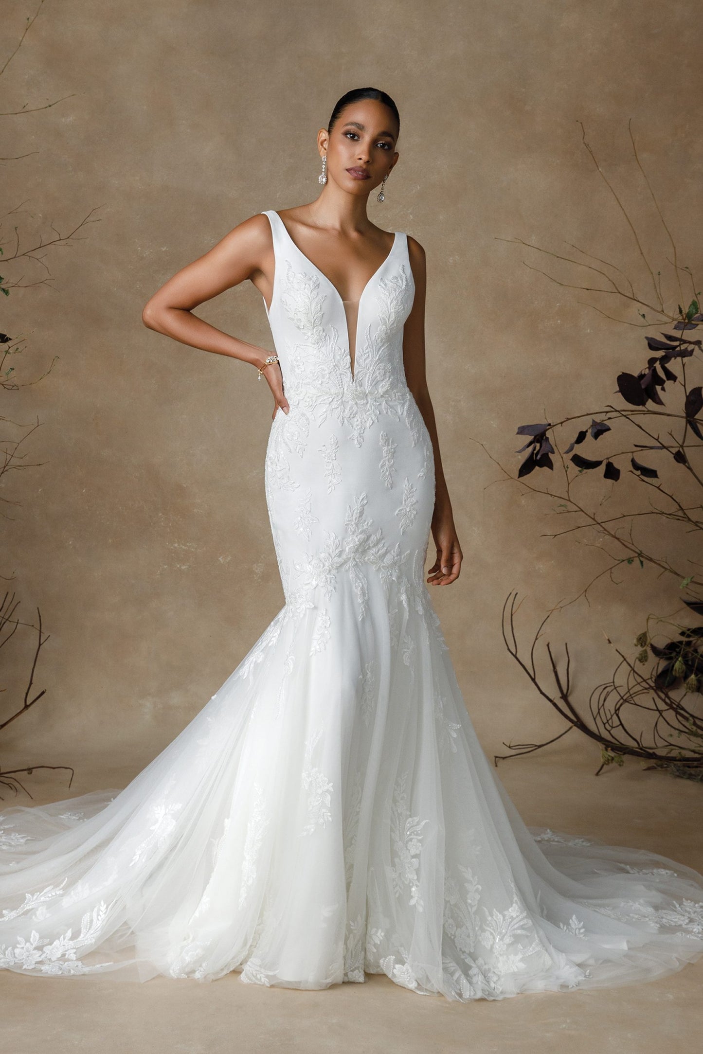 Gavin | Crepe and Tulle Fit and Flare Wedding Dress with Lace Appliqués - Vintage Rose Bridal