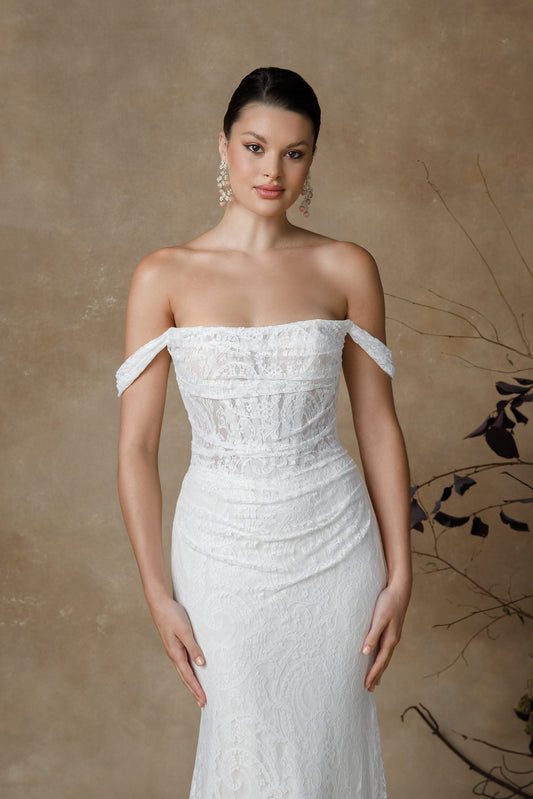 Straight Neckline Chantilly Lace Fit and Flare Wedding Dress - Vintage Rose Bridal