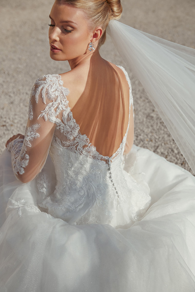 Long Sleeve Sparkle Tulle A-Line Bridal Gown with Dropped Waist - Vintage Rose Bridal