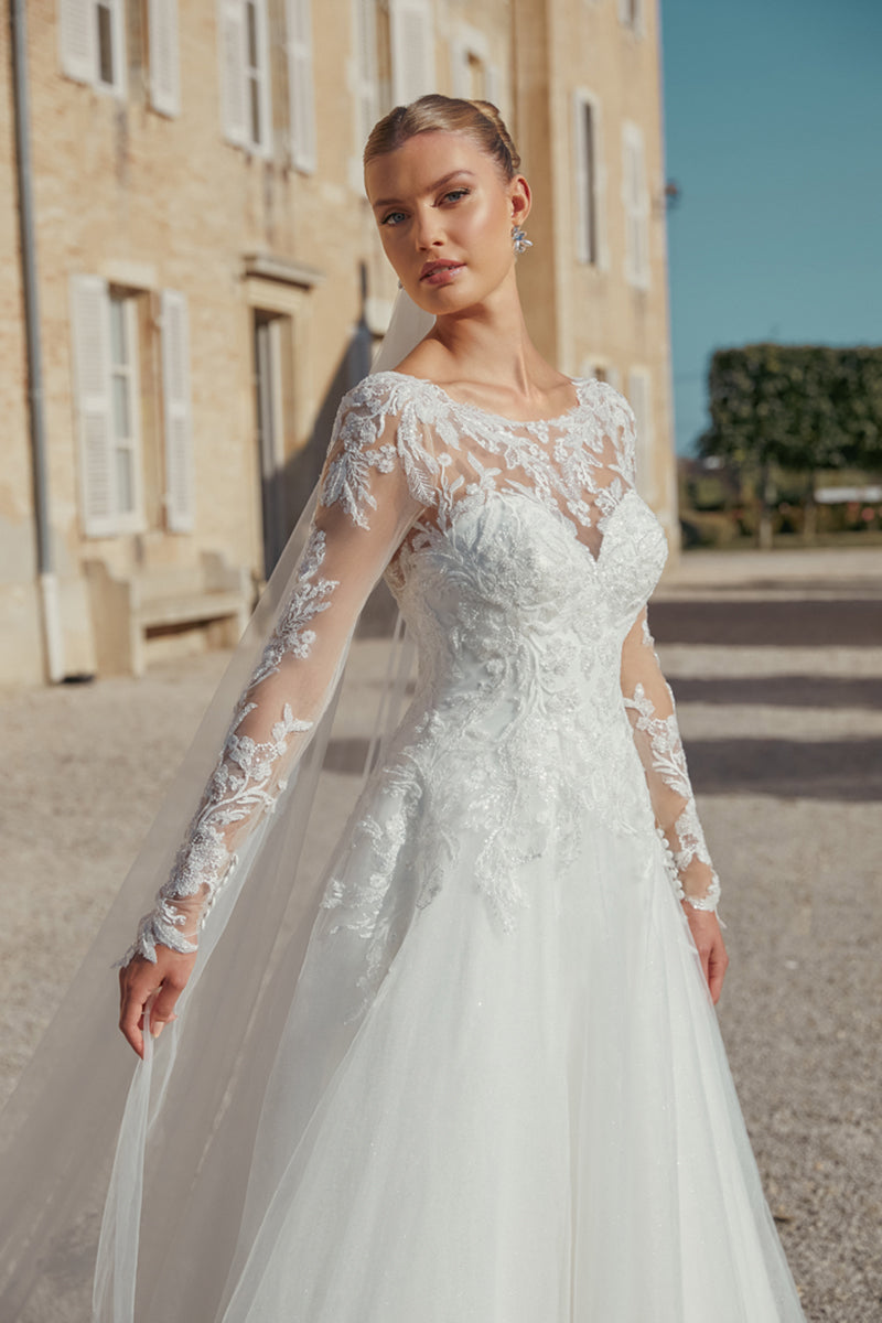 Long Sleeve Sparkle Tulle A-Line Bridal Gown with Dropped Waist - Vintage Rose Bridal