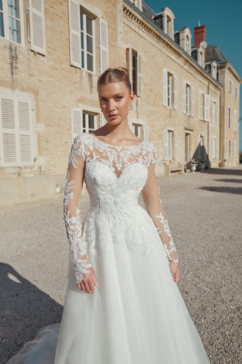 Long Sleeve Sparkle Tulle A-Line Bridal Gown with Dropped Waist - Vintage Rose Bridal