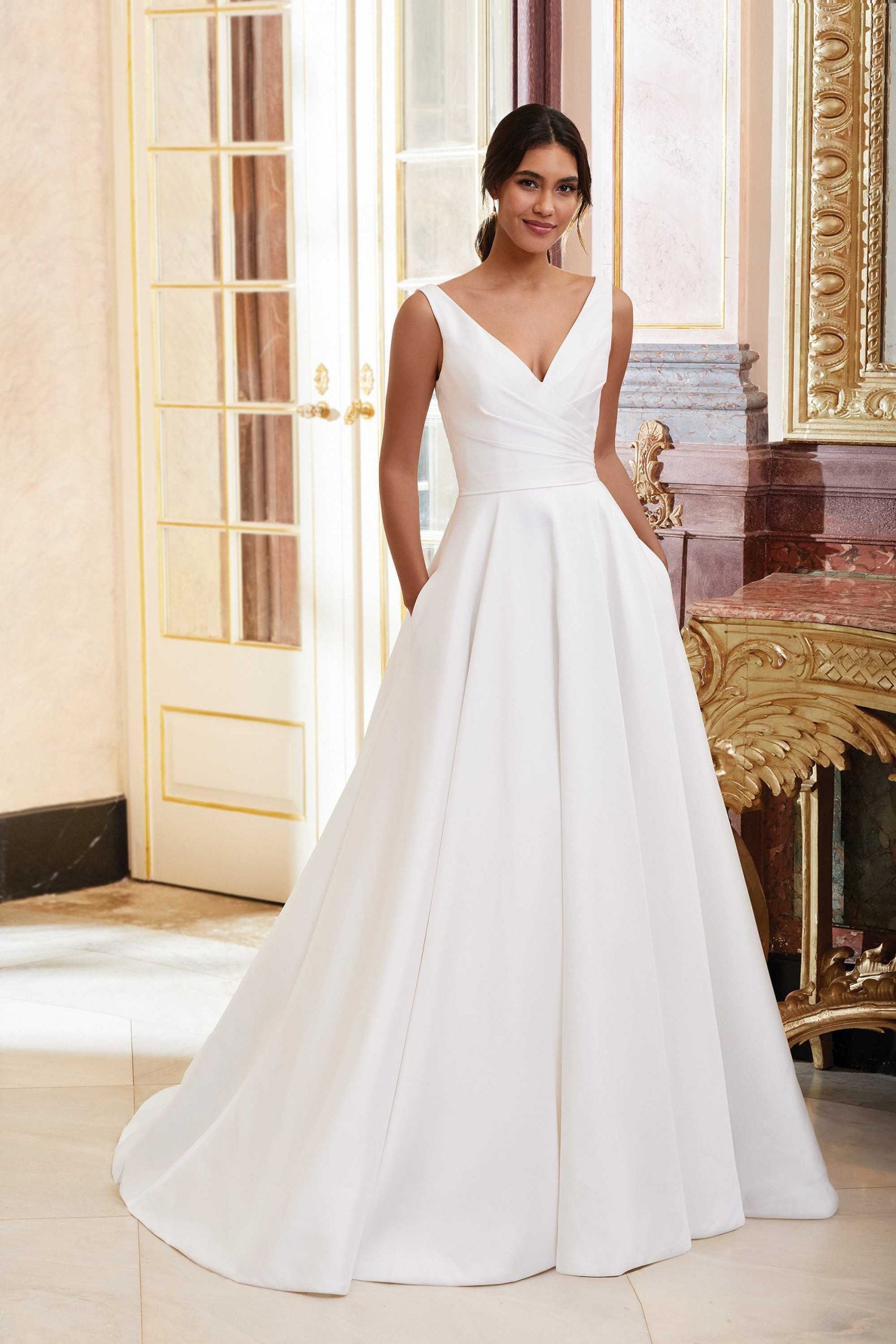Asymmetric Draped Ball Gown with Pockets - Vintage Rose Bridal