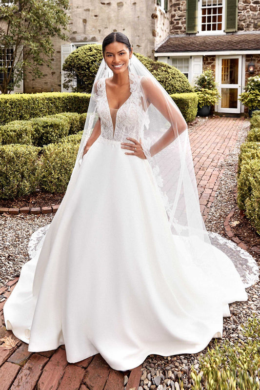 Plunging V-Neck Satin Ball Gown with Fully Beaded Bodice - Vintage Rose Bridal