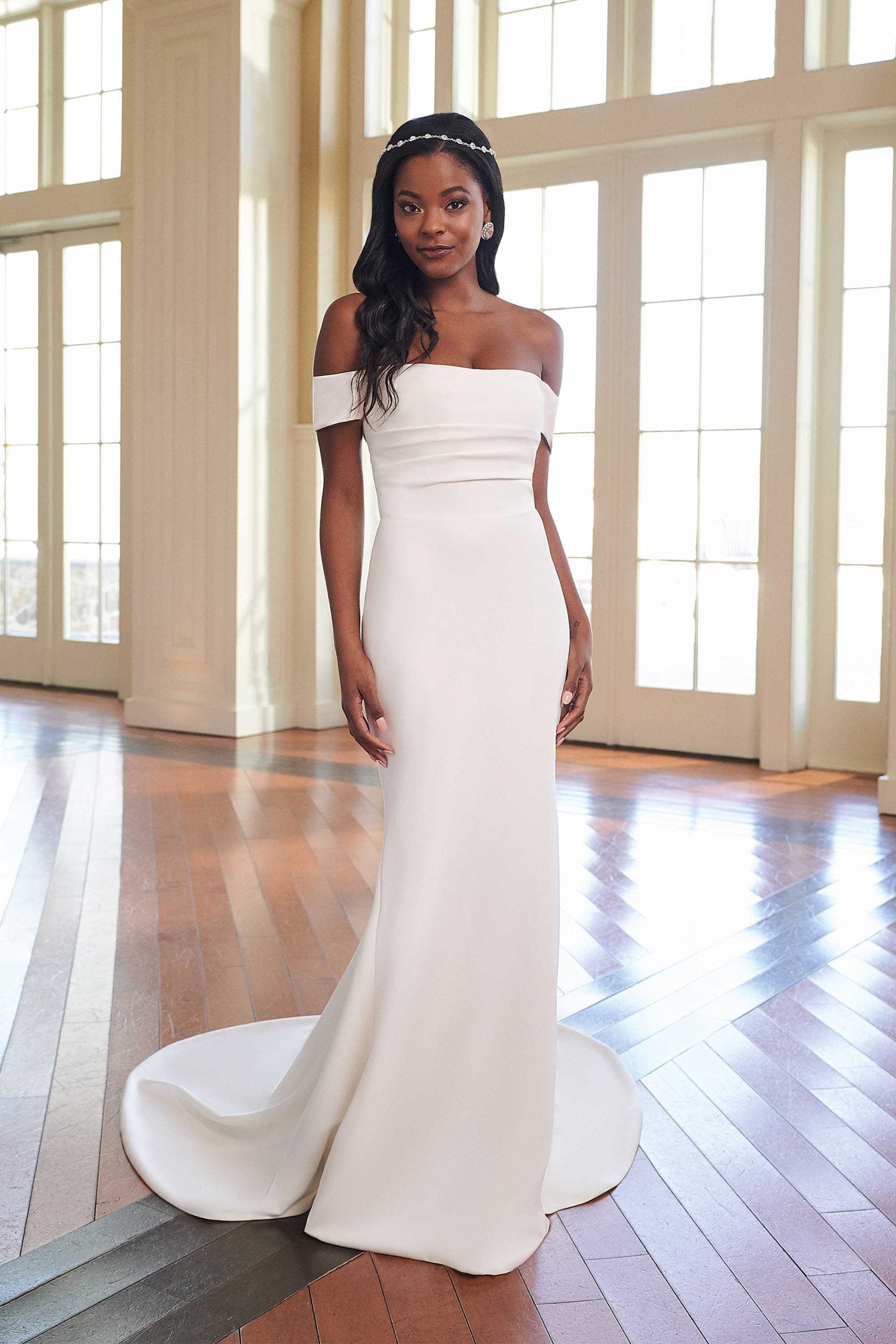 Off-the-Shoulder Stretch Crepe Fit and Flare Gown Wedding Dress - Vintage Rose Bridal