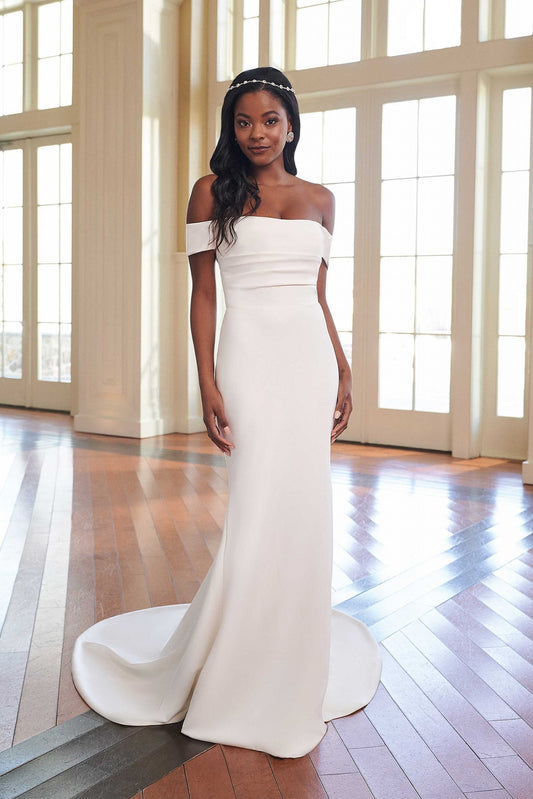 Off-the-Shoulder Stretch Crepe Fit and Flare Gown Wedding Dress - Vintage Rose Bridal