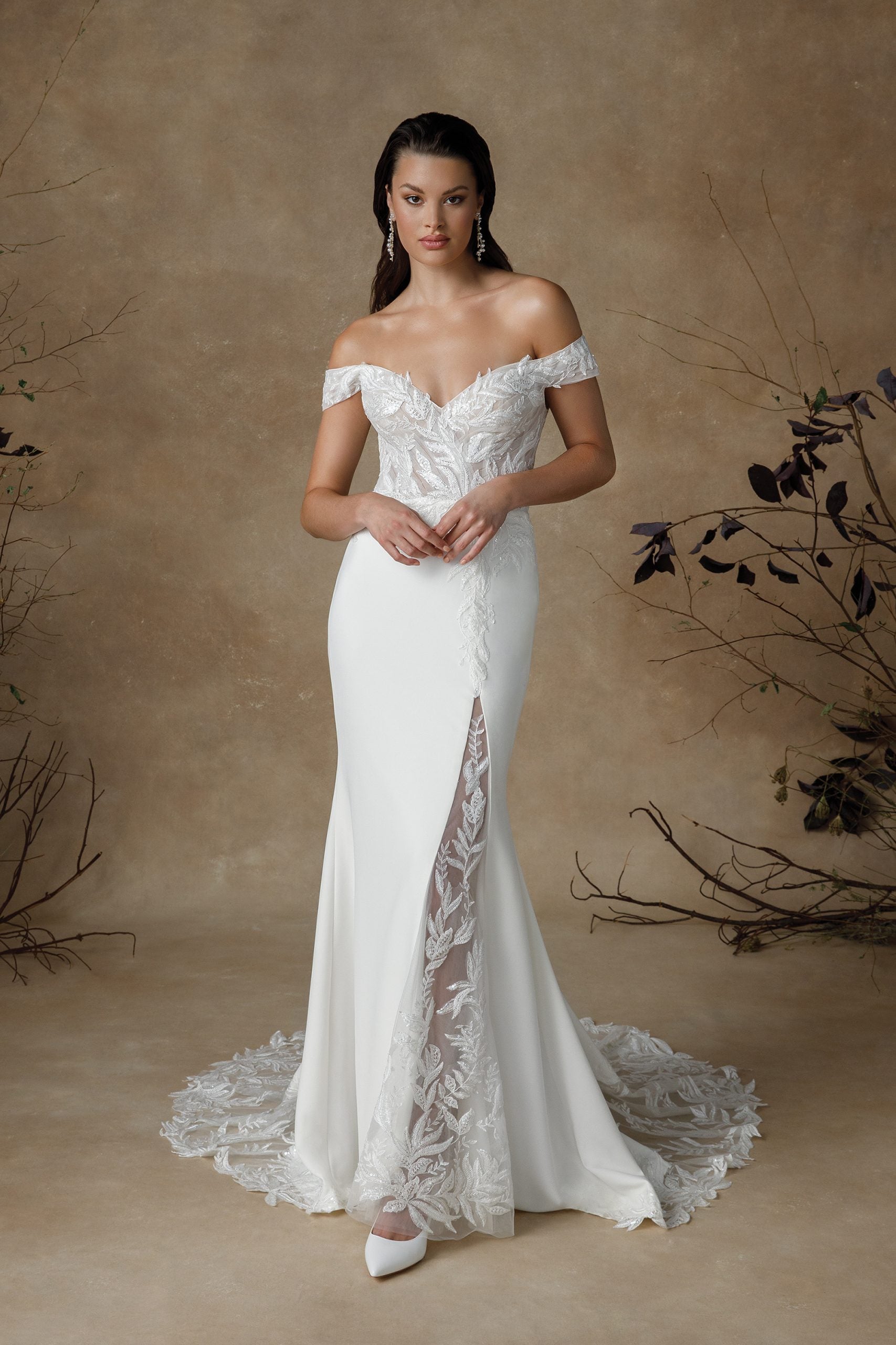 Graham | Off-the-Shoulder Stretch Crepe Fit and Flare Wedding Dress - Vintage Rose Bridal