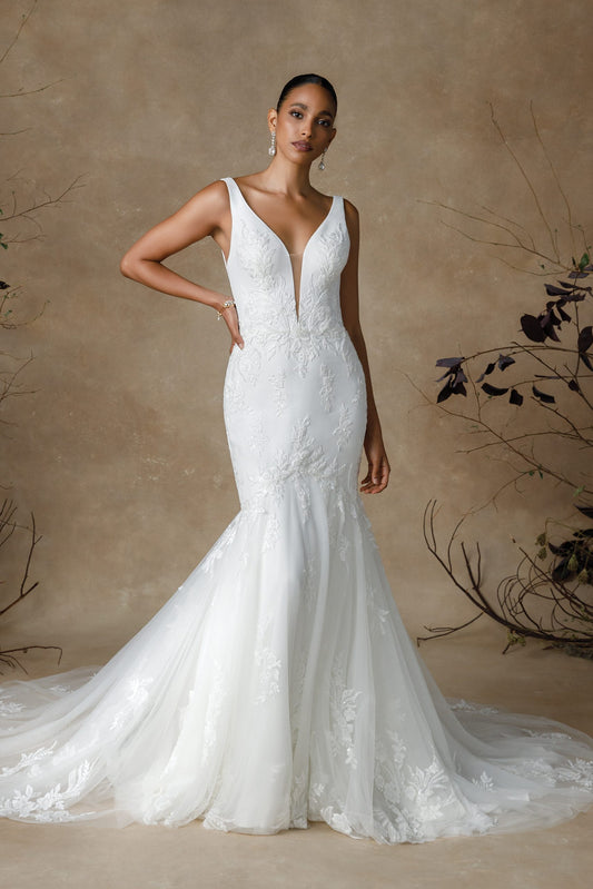 Gavin | Crepe and Tulle Fit and Flare Wedding Dress with Lace Appliqués - Vintage Rose Bridal