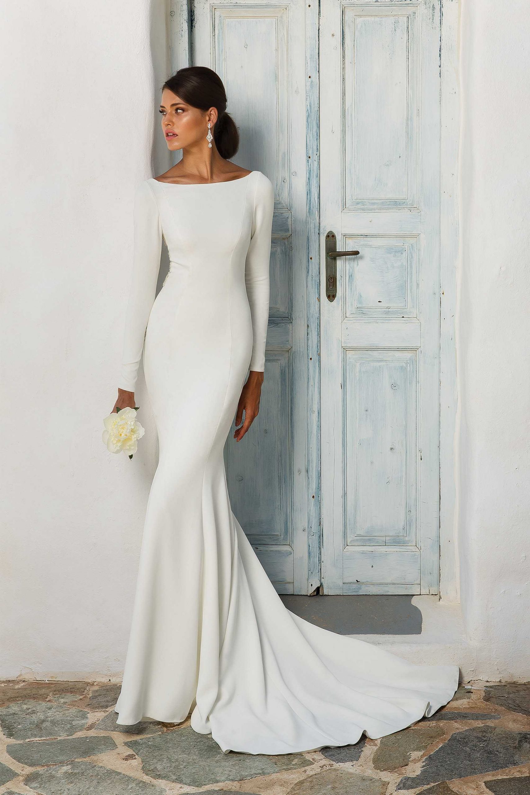 Crepe Long Sleeve Wedding Dress With Beaded Illusion Back 8936 Vintage Rose Bridal